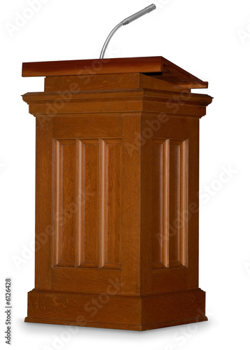 Oak podium isolated on white background with microphone