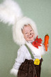 Girl in a white downy bunny costume.