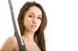 Face shot of brunette with sword on white background