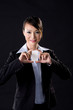 woman giving name card