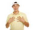 Handsome college age man gesturing to himself in surprise.