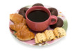 Cookies croissants and cup of coffee