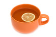 Cup with tea and a lemon isolated on a white background.