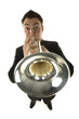 Man in suit standing and trumpet melody. 