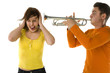 The man trumpet straight to the woman ear. 