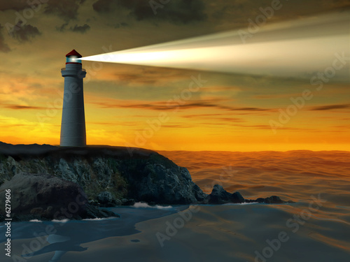 Guiding beacon from a lighthouse. Digital illustration.