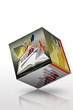 Marketing bar graph on cube with arrow indicators