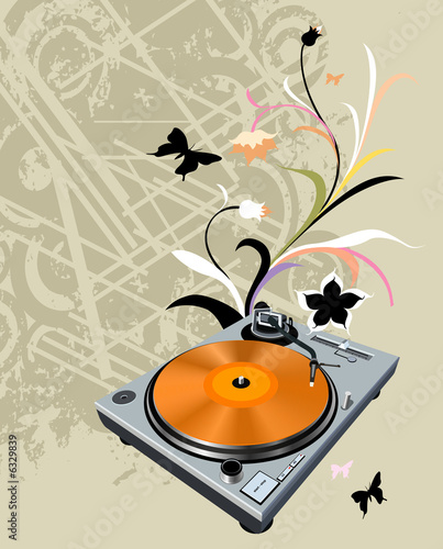 turntable on floral grunge background