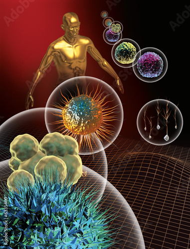 3d rendered depiction of Stem Cells and a human figure.