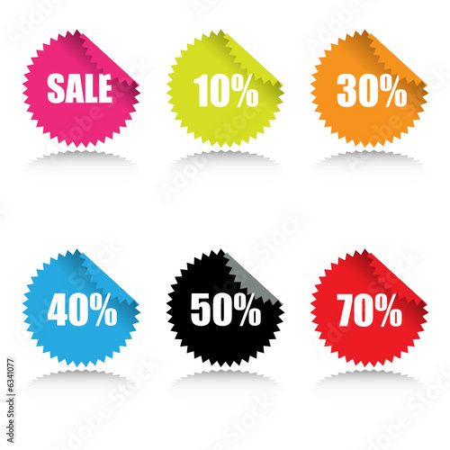 Glossy sale tag stickers with discount and reflection.