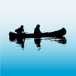 Two silhouette men fishing with boat 
