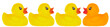 Yellow plastic ducks and one orange a over white background