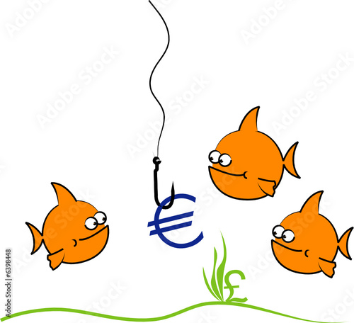 fishing hook cartoon. Three cartoon fish looking at