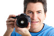Man with photo camera. Isolated over white . Man with photo camera. Isolated over white .
