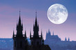 Czech Republic, Prague, silhouette of Tyn church at night.