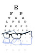 Eye glasses reflected, with optometrist chart on background.