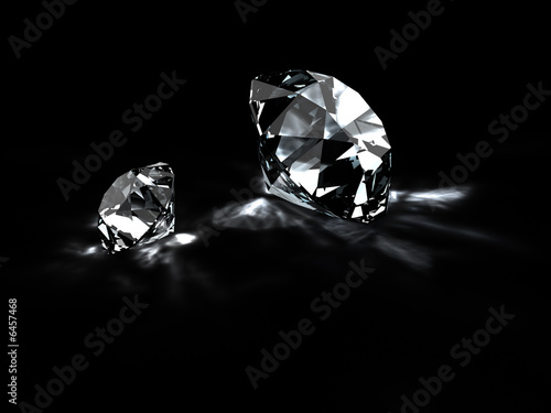 Illustration: Diamonds with reflections isolated on black. 3D render. Diamonds with reflections isolated on black. 3D render.