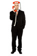 Man with red phone handsets Man with red phone handsets