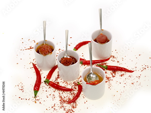 chilipuder, chilisoße u. chiliöl