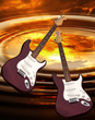 Rock guitar making sound waves in a sunset
