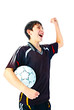 emotional player with ball on white background