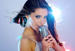 Rock star. Young woman with retro music micropone Rock star. Young woman with retro music micropone