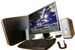 A computer desktop setup on a white isolated background.