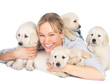 Cute puppies and young woman