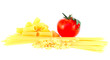 Variety of raw pastas and tomato