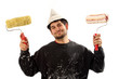 house painter with paint roller on white background