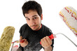 house painter with paint roller on white background