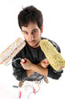 house painter with paint roller on white background