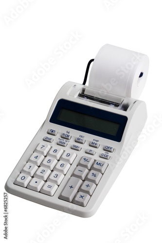 Photo: Electronic printing calculator on a white background Electronic printing calculator on a white background
