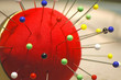 macro view of pincushion with colorful pins