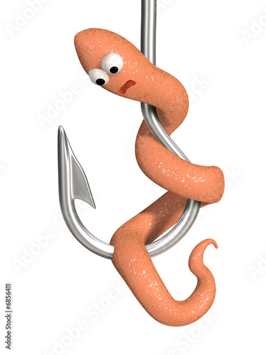 The 3d scared worm on a fishing hook