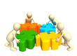 Four puppets, holding in hands a puzzle of multi color