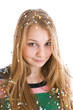 The young beautiful girl with confetti isolated on a white