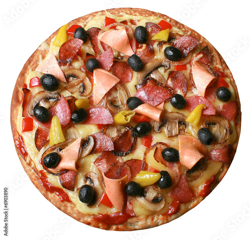Pizza, schinken, oliven, paprika, champignons
