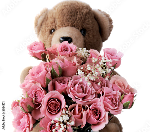 Photo: teddy bear with pink roses teddy bear with pink roses