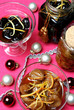Food,plum and fig jam in two glass bowls and jars Food,plum and fig jam in two glass bowls and jars