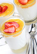 Food,jogurt with jam and choped strawberries in glass cups Food,jogurt with jam and choped strawberries in glass cups