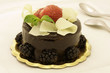 Bittersweet and white chocolate cake on golden plate
