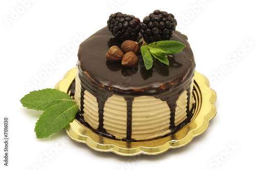 Hazelnut and chocolate mousse cake on white background