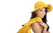 Beautiful sexy girl in yellow hat and bikini. summer time