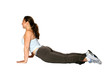Female fitness trainer, doing back stretch on the floor, 