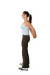 Female trainer doing back stretch,