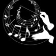 Music theme and conductor hands on a black background.