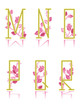 Ornamental letters M, N, O, P, Q, R, pink rose floral pattern