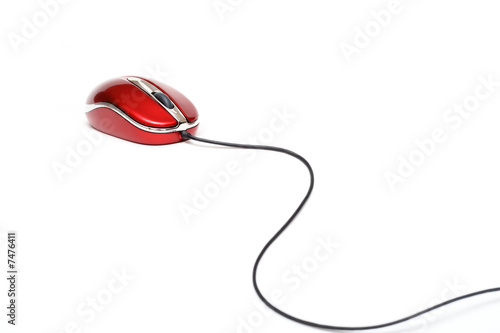 red computer mouse with cable against white background