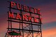 Pike Place Market neon sign at sunset, Seattle, Washington
